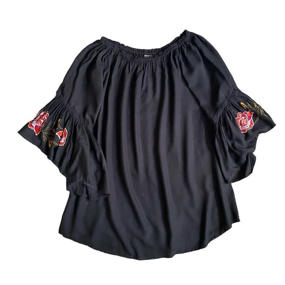 Feathers Peasant Blouse Tunic Black M Off The Shoulder Embroidered Boho Artsy - Picture 1 of 6